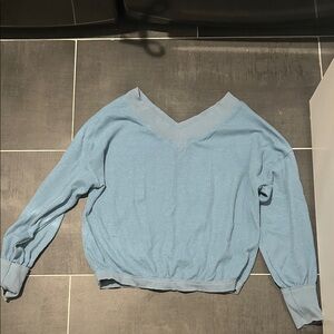 Light Blue V-Neck Waffle Knit Pullover